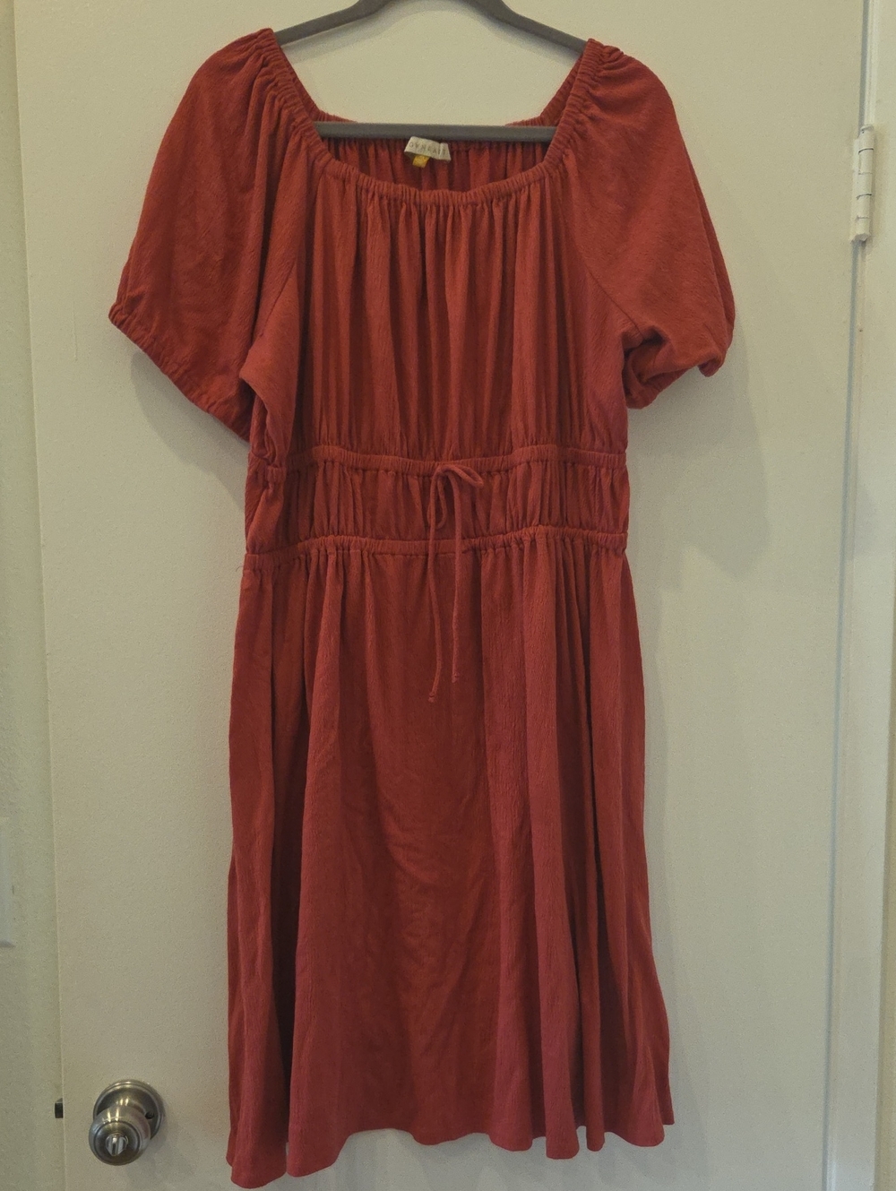 DownEast Burnt Orange Peasant-Style Midi Dress with Waist Tie